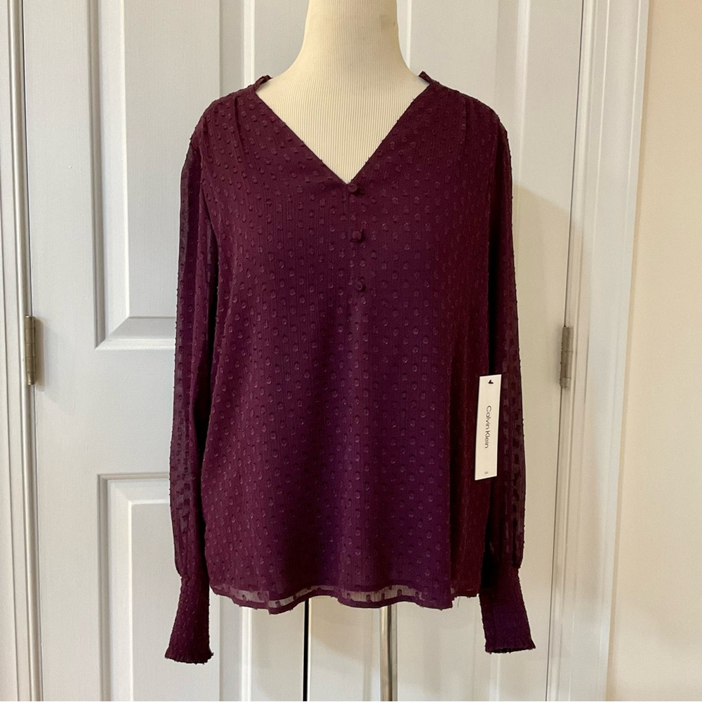 NWT Calvin Klein Long Sleeve Textured Lined Purple Blouse